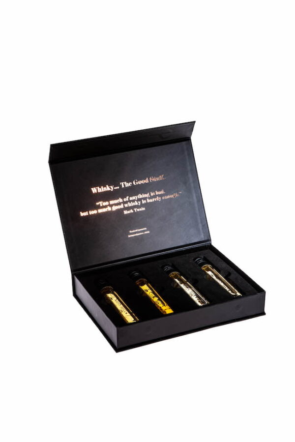 An image of the Japanese Whisky tasting experience box open showing the 4 vials of whisky
