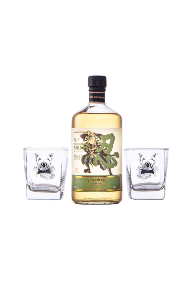 A bottle of Shinobu lightly peated Japanese whisky with 2 Shinobu branded glasses either side