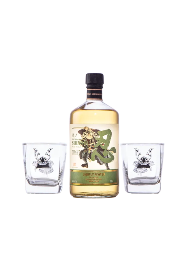 A bottle of Shinobu lightly peated whisky with 2 Shinobu branded glasses either side