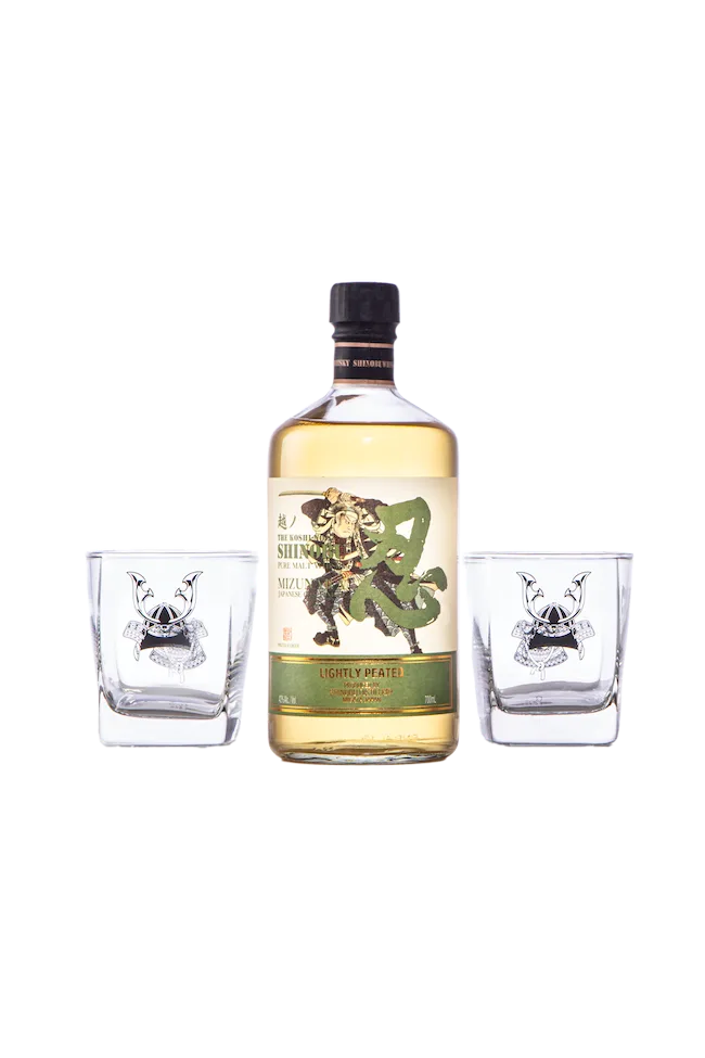 A bottle of Shinobu lightly peated whisky with 2 Shinobu branded glasses either side
