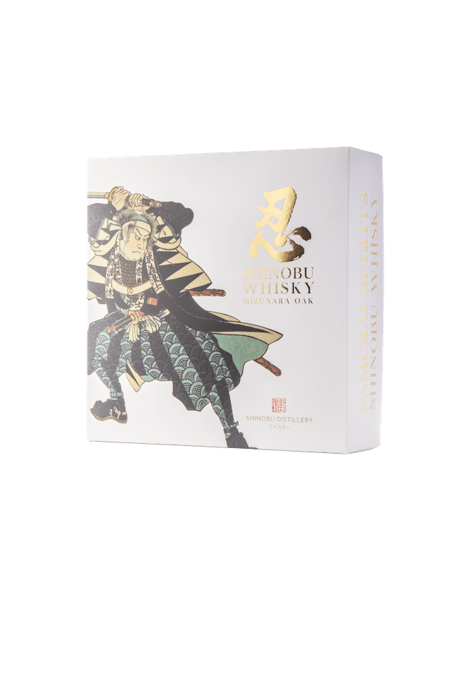 A white box with a Samurai for Shinobu Pure malt Japanese Whisky glass set