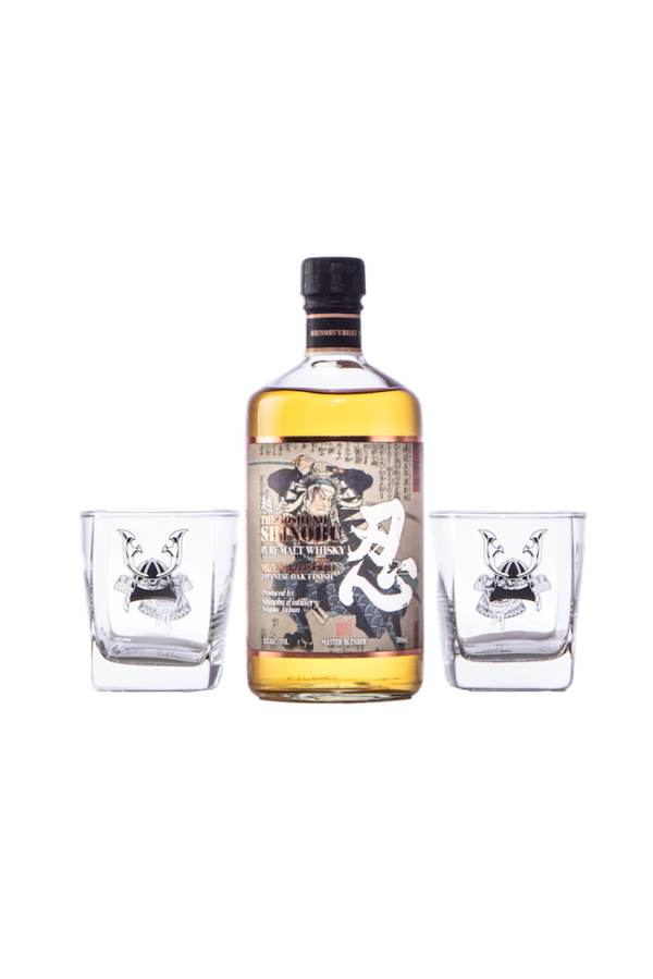 A bottle of Shinobu Pure malt Japanese whisky with 2 Shinobu branded glasses either side
